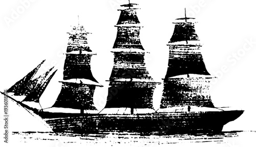 Vintage ship silhouette - high contrast black and white ink art for nautical design