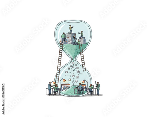 Time Management Hourglass Concept – Business Team Sorting Paperwork, Calendar Tasks and Workflow Process, Deadline Productivity Office Flat Vector Illustration