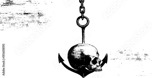Nautical skull and anchor chain hand-drawn high contrast ink design