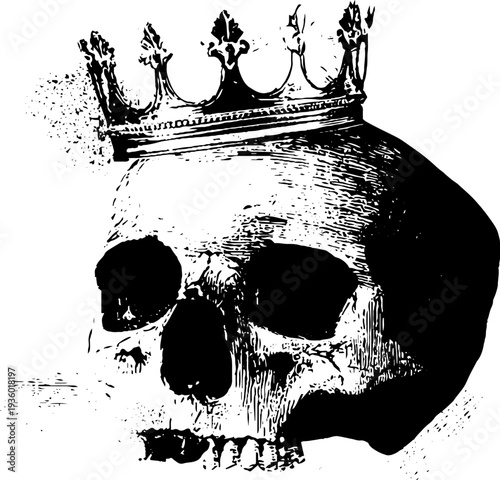 Vintage skull with crown in high contrast ink drawing for artistic design