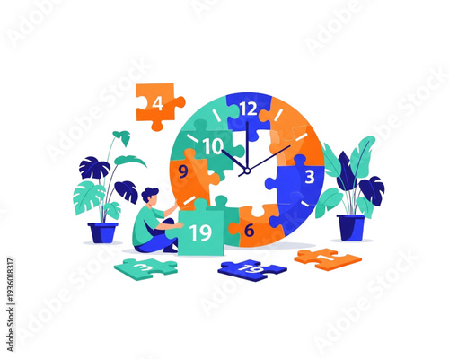 Time Management Puzzle Clock: Person Assembling Colorful Jigsaw Pieces into Clock Face with Plants - Productivity Concept Flat Vector Illustration