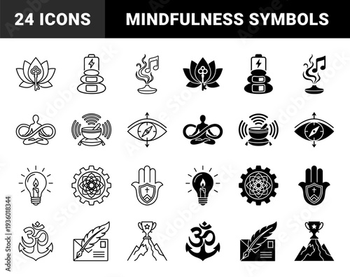 Hybrid conceptual symbols merging spiritual and productivity elements including lotus key battery stones meditation infinity bowl compass eye and anchor om
