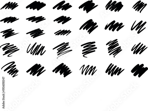 Collection of 36 unique black scribbles and doodles on white background