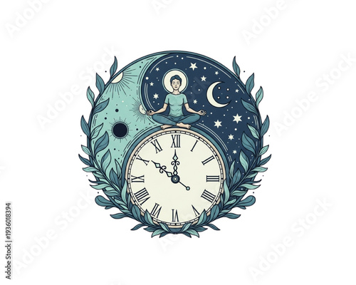 Time Management Balance Concept – Meditating Woman on Clock, Day and Night Yin Yang, Productivity and Mindfulness Flat Vector Illustration