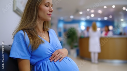 Free Download Pregnant caucasian woman at hospital waiting area in blue dress - GFXLoad