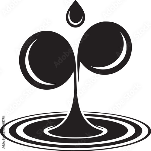 Black and white graphic design featuring a drop above two circles and concentric rings below them