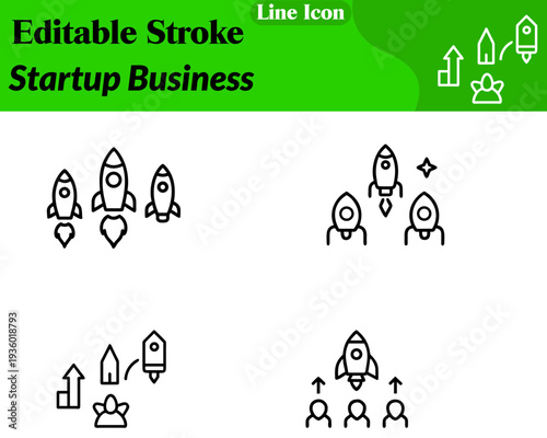 Modern flat vector icon showing a rocket lifting off beside a small upward arrow. Business launch growth innovation. Clean minimalist design smooth lines. Ideal for startups corporate presentations.