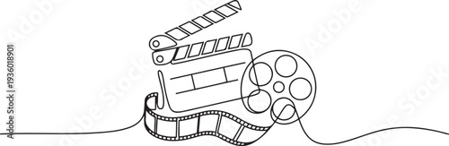 one continuous line drawing of retro classic film board and film roll. one line drawing of cinema. minimalist line of film equipment. single line vector. one line Icon drawing
