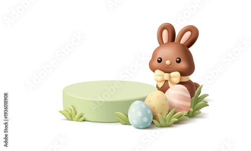 3D empty green podium, chocolate bunny, grass, Easter eggs. For Easter product advertising concepts, promotional offers, discounts. Spring scene. Vector illustration.