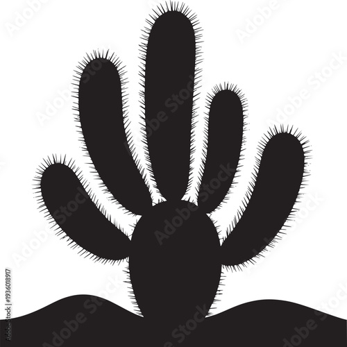 Silhouette of a cactus with spines in black and white on a desert landscape simple illustration