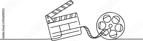 one continuous line drawing of retro classic film board and film roll. one line drawing of cinema. minimalist line of film equipment. single line vector. one line Icon drawing