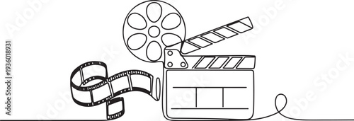 one continuous line drawing of retro classic film board and film roll. one line drawing of cinema. minimalist line of film equipment. single line vector. one line Icon drawing