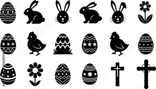 Easter sunday icons easter eggs bunnies crosses and flowers for holiday decor
