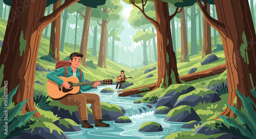 Man playing guitar by forest stream.