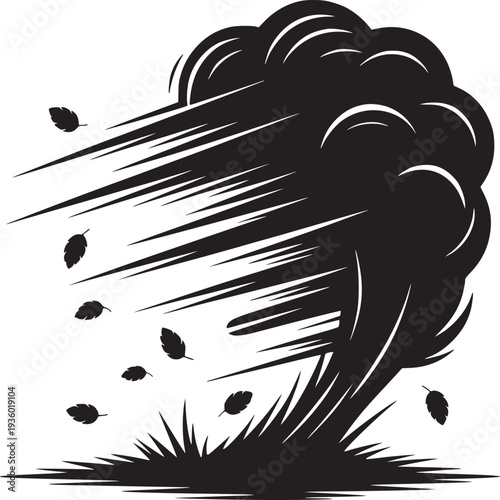 Illustration of a strong wind blowing leaves and grass with a dark cloud in a monochrome style