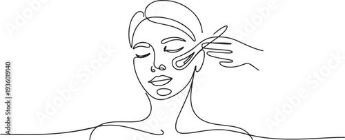 continuous line of beauty care. line drawing of beauty care. giving ingredients to facial skin during spa. one line Icon drawing