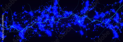 Electric Energy Lightning Plasma, Blue Neon Abstract Lightning Background, Glow Spark Surge Power Current Voltage Network Connections Digital Cyber Technology Data Pulse. Vector Illustration.