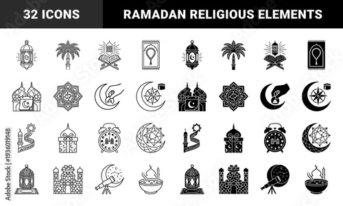Islamic Religious Iconography Featuring Ramadan Lantern Moon And Mosque Hybrid Symbols In Linear And Solid Monochrome Graphic Design Style