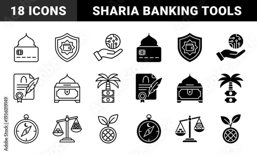 Islamic Finance and Halal Banking Hybrid Icons Merging Religious Symbols with Sharia Compliant Monetary Tools and Ethical Investment Concepts