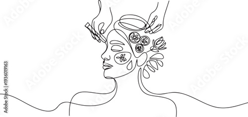 continuous line of beauty care. line drawing of beauty care. giving ingredients to facial skin during spa. one line Icon drawing