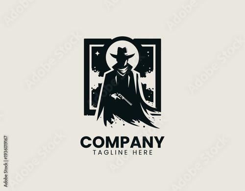 Western gunslinger silhouette with cowboy hat in square frame black vector logo illustration isolated on white background