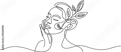 continuous line of beauty care. line drawing of beauty care. giving ingredients to facial skin during spa. one line Icon drawing
