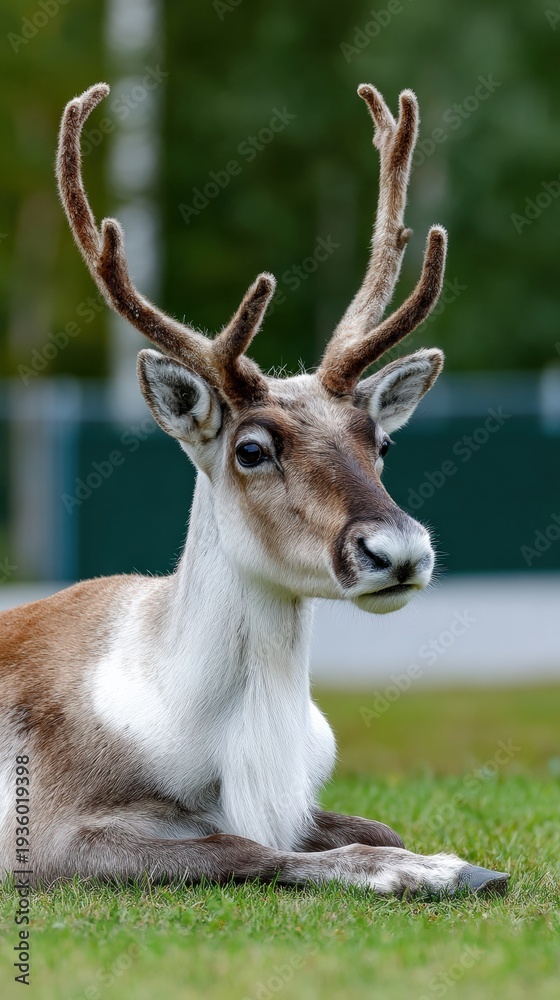 Obraz premium Graceful reindeer resting on grass in serene forest setting