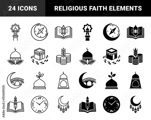 Islamic Religious Hybrid Symbols Merging Mosque Minarets With Crescent Moon Prayer Rug Quran And Kaaba In Dual Outline And Solid Silhouette Styles