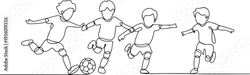 continuous line of children playing soccer happily. single line drawing for competition, soccer school, championship. one line Icon drawing