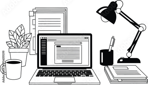A modern workspace featuring a laptop, documents, and office supplies, wqe (363) style, in a minimalist black and white illustration.