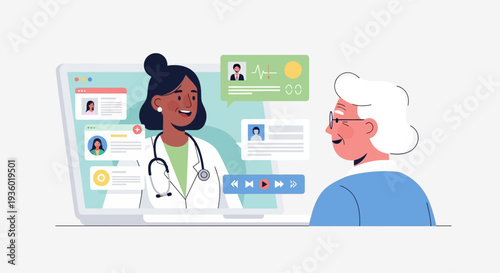 Doctor and elderly patient having a video consultation on a laptop screen.