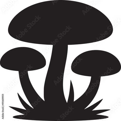 A silhouette of three mushrooms with varying sizes and shapes on a white background illustration