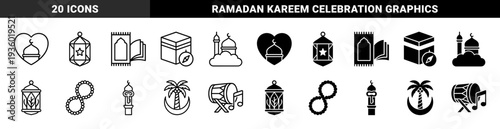Islamic religious symbols featuring hybrid geometric designs with kaaba compass mosque heart prayer rug and lantern in dual line and solid style