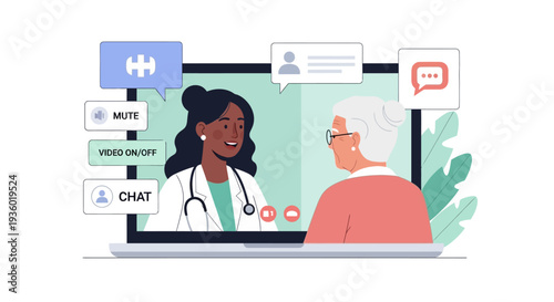Doctor and patient interacting through a video call on a laptop screen, showcasing telemedicine.