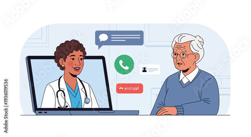 Doctor consults with an elderly patient via a video call on a laptop.