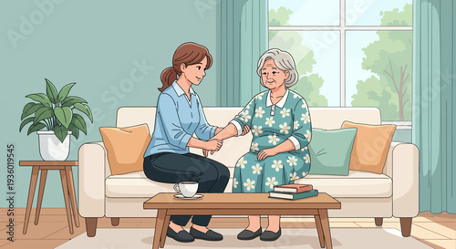 A young woman providing support and comfort to an elderly woman sitting in an armchair in a cozy living room.