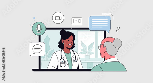 Telemedicine consultation between a female doctor and an elderly patient on a laptop screen with communication icons.