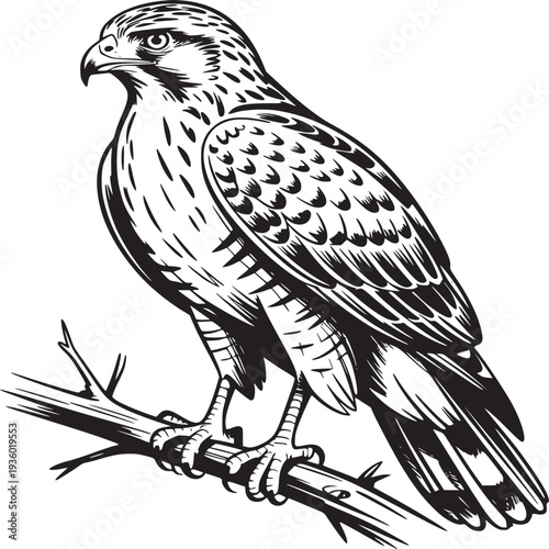 Black and white drawing of a hawk perched on a branch with detailed feather and claw illustration