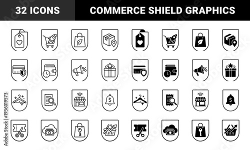 Retail and E-commerce Shield Symbols Featuring Hybrid Shopping Cart Rocket and Discount Megaphone Graphics in Dual Outline and Solid Style