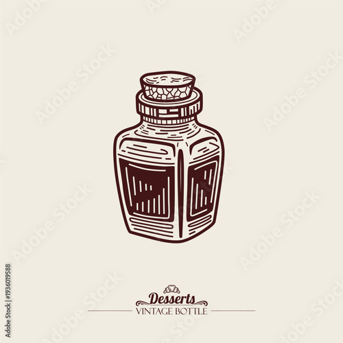 Vintage glass bottle with brown dark liquid. Extract for cooking. Line art Illustration, sketch style.