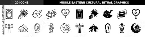 Islamic pilgrimage symbols featuring hybrid designs of Kaaba with orbital rings and mosque minarets combined with digital signal waves