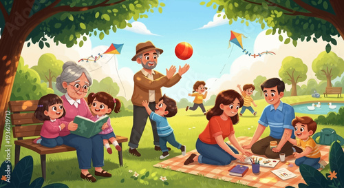 A multi-generational family enjoying a sunny day in the park with various activities.