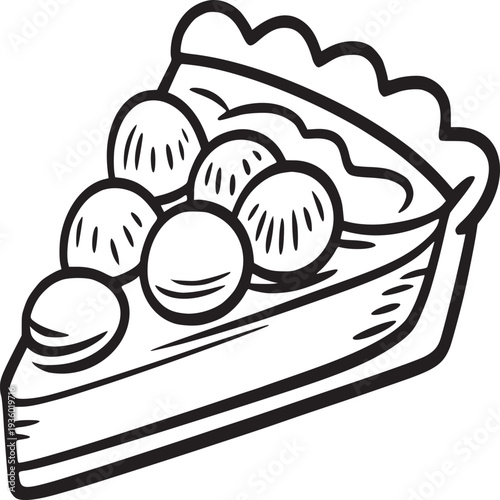 A slice of pie with round fruit toppings and a decorative crust in a black and white illustration style