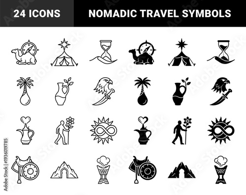 Hybrid desert heritage symbols merging traditional nomadic life with celestial navigation featuring camel compass tent star and hourglass motifs