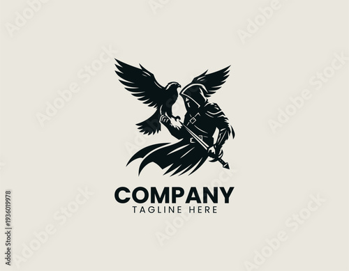 Hooded falconer holding bird of prey black vector logo illustration isolated on white background