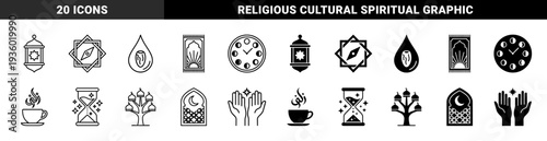 Islamic spiritual symbols and Ramadan traditions featuring lantern compass prayer rug moon phase clock and hourglass with geometric cultural motif