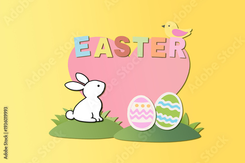 Konstfotografi Cheerful Easter scene with bunny, decorated eggs, and bird on pastel background