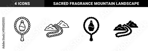 Islamic prayer beads combined with traditional perfume bottle and mountain landscape in outline and solid glyph style for religious spiritual design