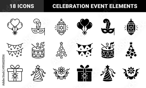Festive celebration symbols featuring a hybrid dual style with outline and solid fills for party events holidays and seasonal commemorations