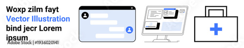 Telehealth, online communication, healthcare consultation, medical technology, modern diagnostics, remote patient care. Chat window, computer screen and first aid kit icon. Telehealth